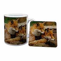 Cute Red Fox Cubs Mug and Coaster Set