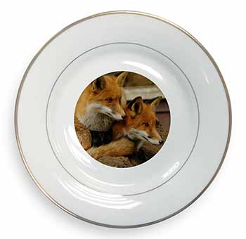 Cute Red Fox Cubs Gold Rim Plate Printed Full Colour in Gift Box