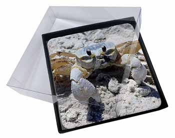 4x Crab on Sand Picture Table Coasters Set in Gift Box