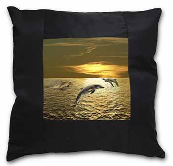 Gold Sea Sunset Dolphins Black Satin Feel Scatter Cushion