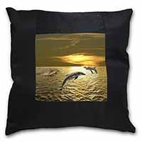 Gold Sea Sunset Dolphins Black Satin Feel Scatter Cushion