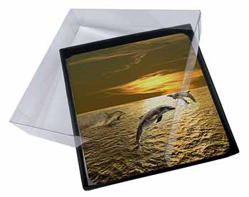 4x Gold Sea Sunset Dolphins Picture Table Coasters Set in Gift Box