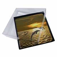4x Gold Sea Sunset Dolphins Picture Table Coasters Set in Gift Box