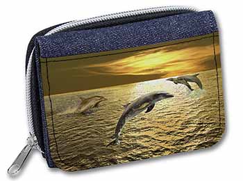 Gold Sea Sunset Dolphins Unisex Denim Purse Wallet