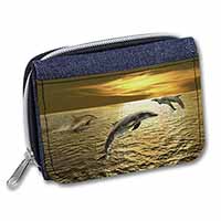 Gold Sea Sunset Dolphins Unisex Denim Purse Wallet