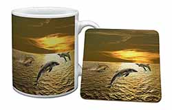 Gold Sea Sunset Dolphins Mug and Coaster Set