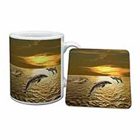 Gold Sea Sunset Dolphins Mug and Coaster Set