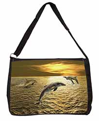 Gold Sea Sunset Dolphins Large Black Laptop Shoulder Bag School/College