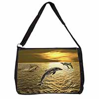 Gold Sea Sunset Dolphins Large Black Laptop Shoulder Bag School/College