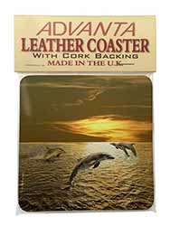 Gold Sea Sunset Dolphins Single Leather Photo Coaster
