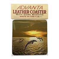 Gold Sea Sunset Dolphins Single Leather Photo Coaster