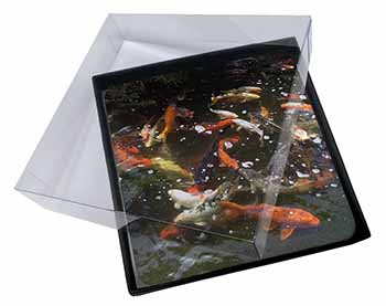 4x Swimming Koi Fish Picture Table Coasters Set in Gift Box