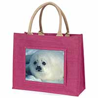 Snow White Sea Lion Large Pink Jute Shopping Bag