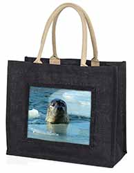 Sea Lion in Ice Water Large Black Jute Shopping Bag