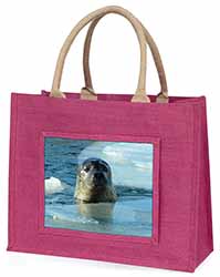 Sea Lion in Ice Water Large Pink Jute Shopping Bag
