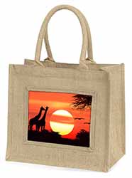 Sunset Giraffes Natural/Beige Jute Large Shopping Bag