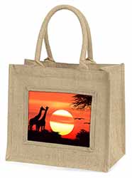 Sunset Giraffes Natural/Beige Jute Large Shopping Bag