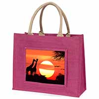 Sunset Giraffes Large Pink Jute Shopping Bag