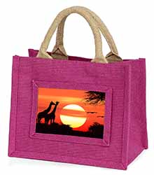 Sunset Giraffes Little Girls Small Pink Jute Shopping Bag