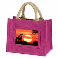 Sunset Giraffes Little Girls Small Pink Jute Shopping Bag