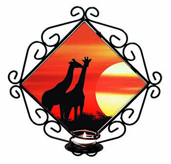 Sunset Giraffes Wrought Iron Wall Art Candle Holder