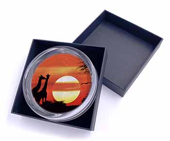 Sunset Giraffes Glass Paperweight in Gift Box