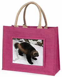 Wolferine in Snow Large Pink Jute Shopping Bag