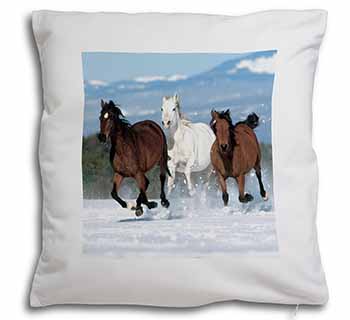 Running Horses in Snow Soft White Velvet Feel Scatter Cushion