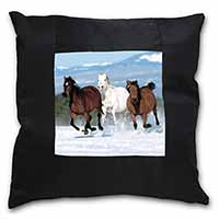 Running Horses in Snow Black Satin Feel Scatter Cushion