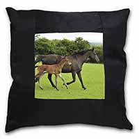 Mare with Newborn Foal Black Satin Feel Scatter Cushion