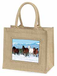 Running Horses in Snow Natural/Beige Jute Large Shopping Bag