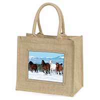 Running Horses in Snow Natural/Beige Jute Large Shopping Bag