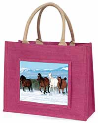 Running Horses in Snow Large Pink Jute Shopping Bag