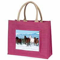 Running Horses in Snow Large Pink Jute Shopping Bag