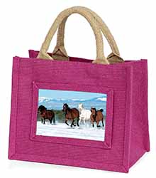 Running Horses in Snow Little Girls Small Pink Jute Shopping Bag