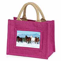 Running Horses in Snow Little Girls Small Pink Jute Shopping Bag