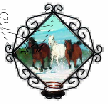 Running Horses in Snow Wrought Iron Wall Art Candle Holder