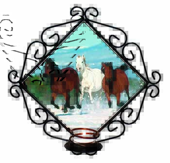 Running Horses in Snow Wrought Iron Wall Art Candle Holder