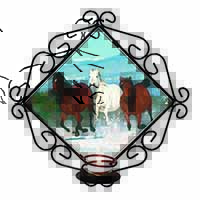Running Horses in Snow Wrought Iron Wall Art Candle Holder