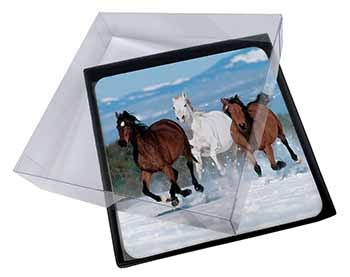 4x Running Horses in Snow Picture Table Coasters Set in Gift Box