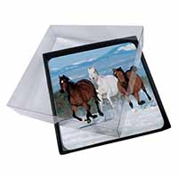 4x Running Horses in Snow Picture Table Coasters Set in Gift Box