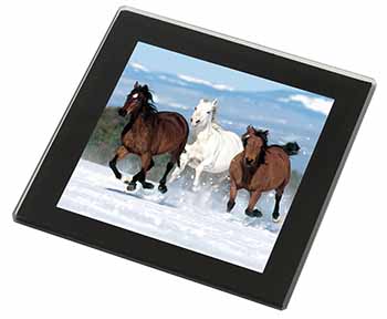 Running Horses in Snow Black Rim High Quality Glass Coaster