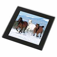 Running Horses in Snow Black Rim High Quality Glass Coaster