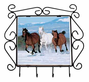 Running Horses in Snow Wrought Iron Key Holder Hooks