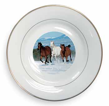 Running Horses in Snow Gold Rim Plate Printed Full Colour in Gift Box