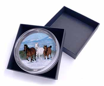 Running Horses in Snow Glass Paperweight in Gift Box