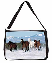 Running Horses in Snow Large Black Laptop Shoulder Bag School/College