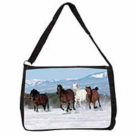 Running Horses in Snow Large Black Laptop Shoulder Bag School/College