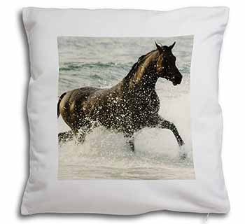 Black Horse in Sea Soft White Velvet Feel Scatter Cushion