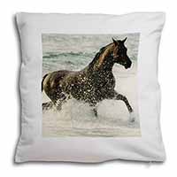 Black Horse in Sea Soft White Velvet Feel Scatter Cushion